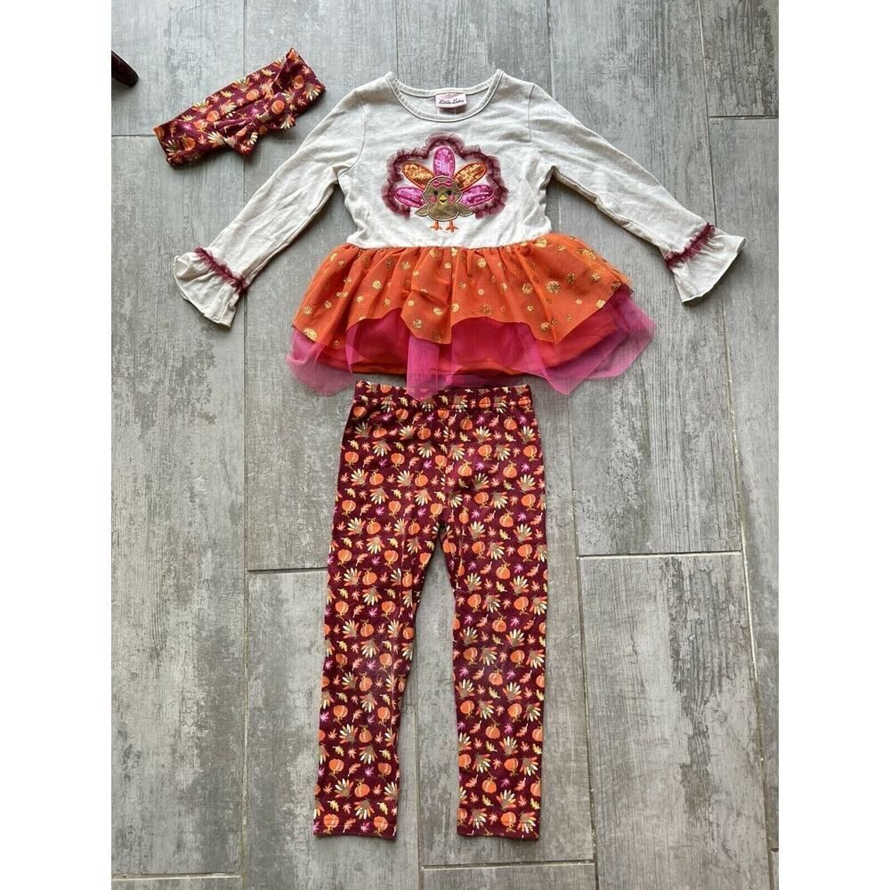 $54 LITTLE LASS Girls Toddler Fall Thanksgiving Turkey 3 Piece Outfit Set EUC 4